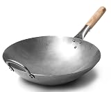 Craft Wok Traditional Hand Hammered Chinese Carbon Steel Wok with Wooden and Steel Helper Handle (14 Inch, Round Bottom Pow Wok Pan) / 731W88 14-in