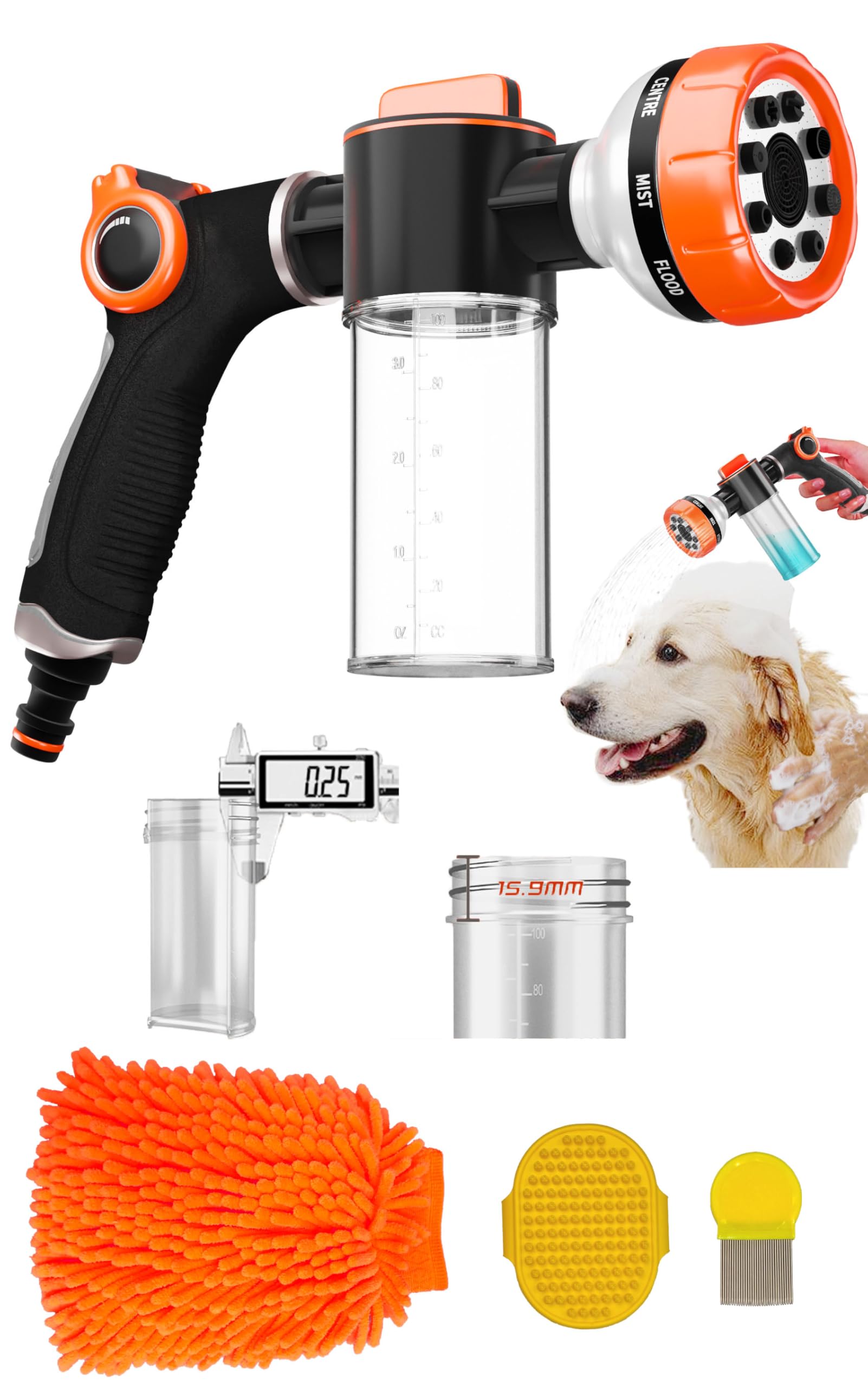 Dog Washing Hose Attachment with Car Wash Mitt, 8-Pattern Dog Bath Sprayer