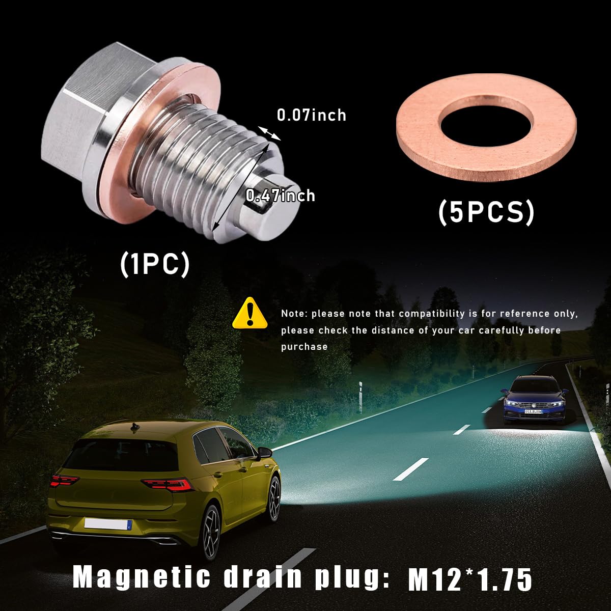 Magnetic Oil Drain Plug, M12×1.75 Stainless Steel Aluminum Sump Drain Nut Bolt with 5 Gaskets, Leak-Proof Reusable Car Engine Oil Drain Plug Replacement for Most Cars