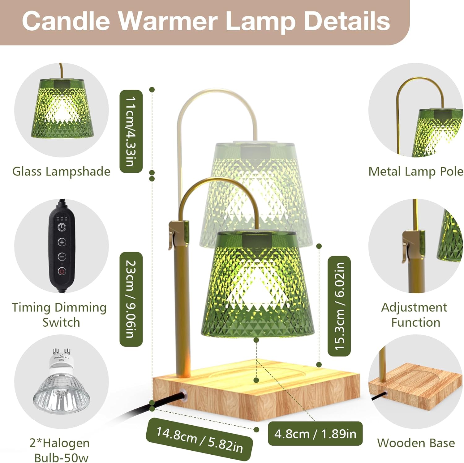 Masmejor 50W Candle Warmer Lamp with Timer & Dimmer - Electric Wax Melt Warmer, Adjustable Height, Wood Base, 2 Bulbs, Gift Packaging for Christmas, Birthday, Home Decor, Mother's Day, Bedroom(Green)