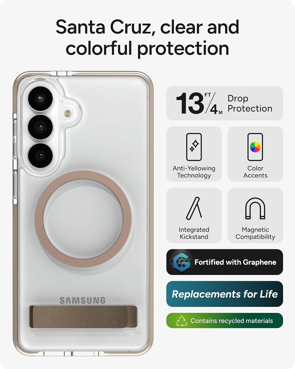 ZAGG Santa Cruz Snap Samsung Galaxy S26+ Case with Kickstand - Titanium Gray, Magnetic Crystal Clear Protective Phone Cover, 13ft Drop Protection, Graphene Reinforced, Slim Case with Stand