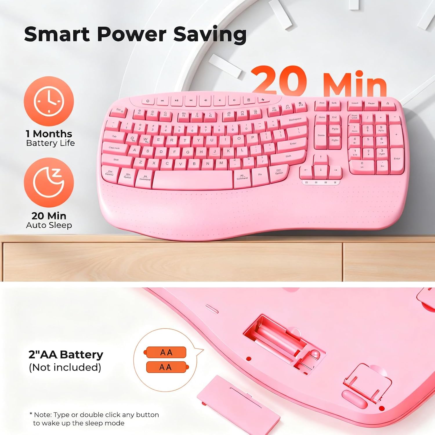 MEETION Wireless Ergonomic Keyboard, Wave Keys Wrist Rest for Natural Typing, 2.4G USB-A Cordless Receiver and USB-C Adapter, Ergo Computer Keyboard Compatible with Windows/Mac/PC/Laptop, Pink