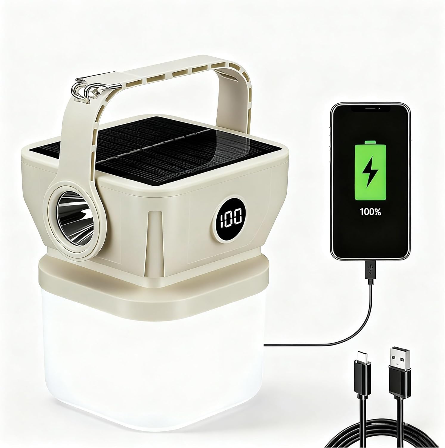 V.C Formark Solar Camping Lantern - Dual Charging (USB-C & Solar), Battery Display, 3 Modes + Flashlight, Lightweight for Camping & Emergency Power Outages