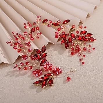 Teyglen Red Crystal Rhinestone Wedding Headband Bridal Crystal Hair Piece Sparkly Crystal Bride Wedding Hair Vine Hair Accessories for Women Bridal Party Prom JewelryRed