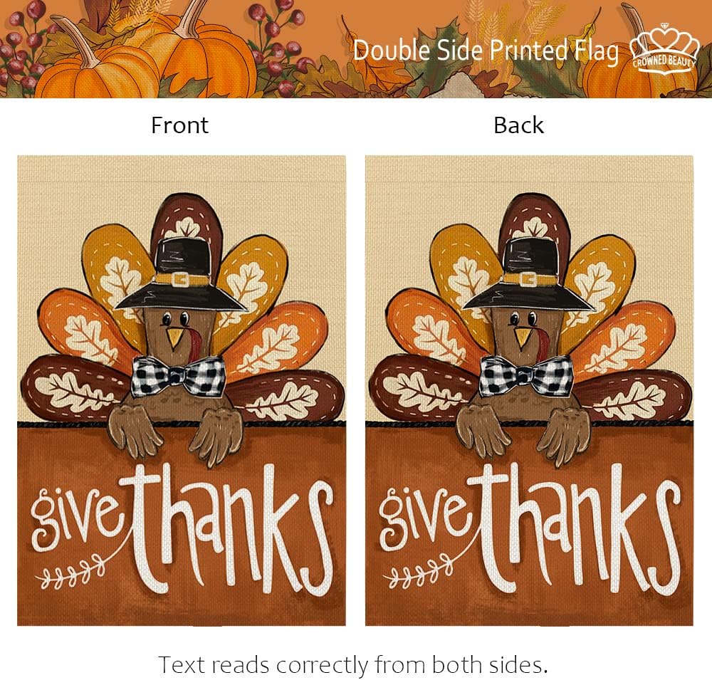 CROWNED BEAUTY Fall Thanksgiving Garden Flag 12x18 Inch Double Sided for Outside Burlap Give Thanks Turkey Seasonal Autumn Yard Decoration - Image 5