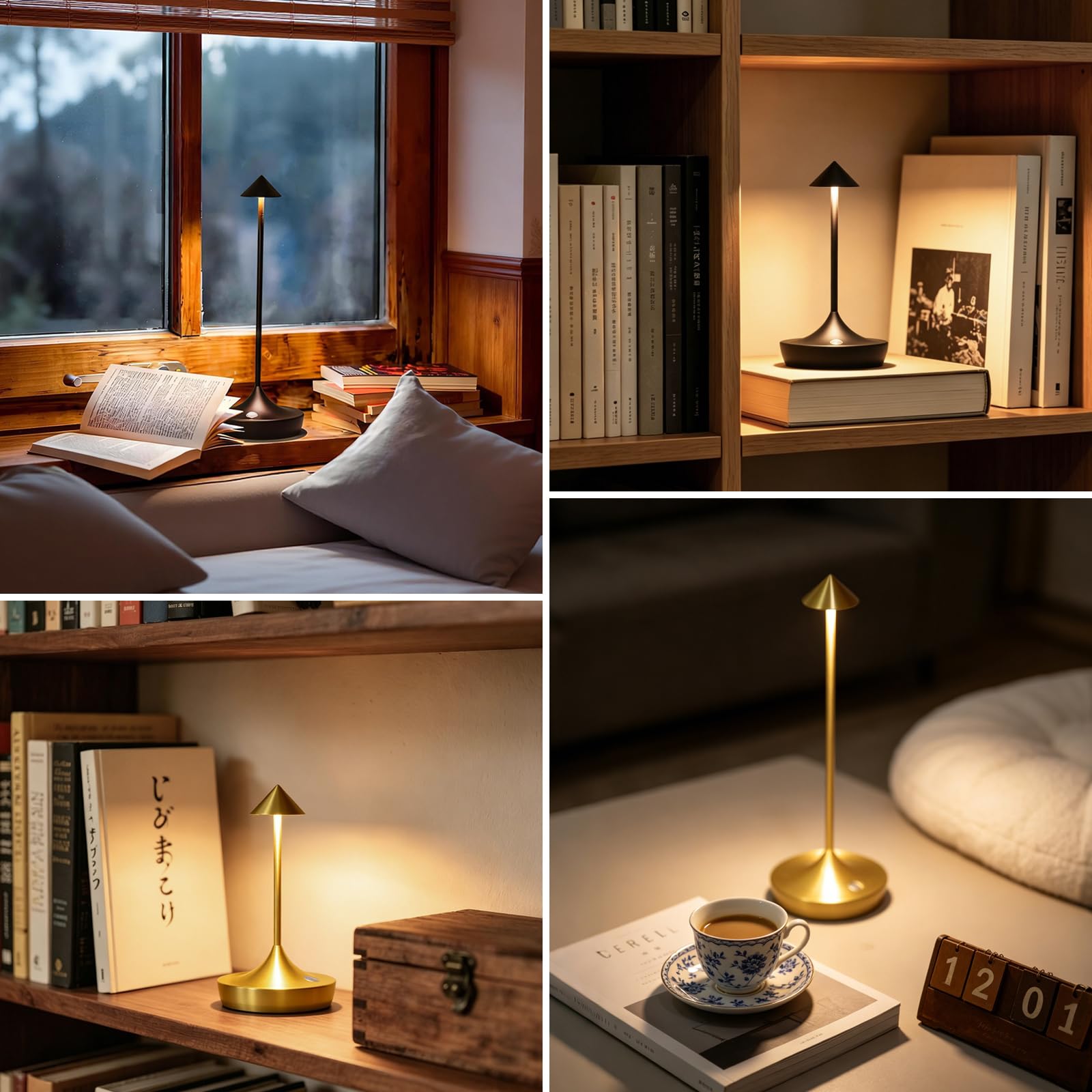 LED-Tischlampe, kabellos, wiederaufladbar, goldfarben, 2 Stück