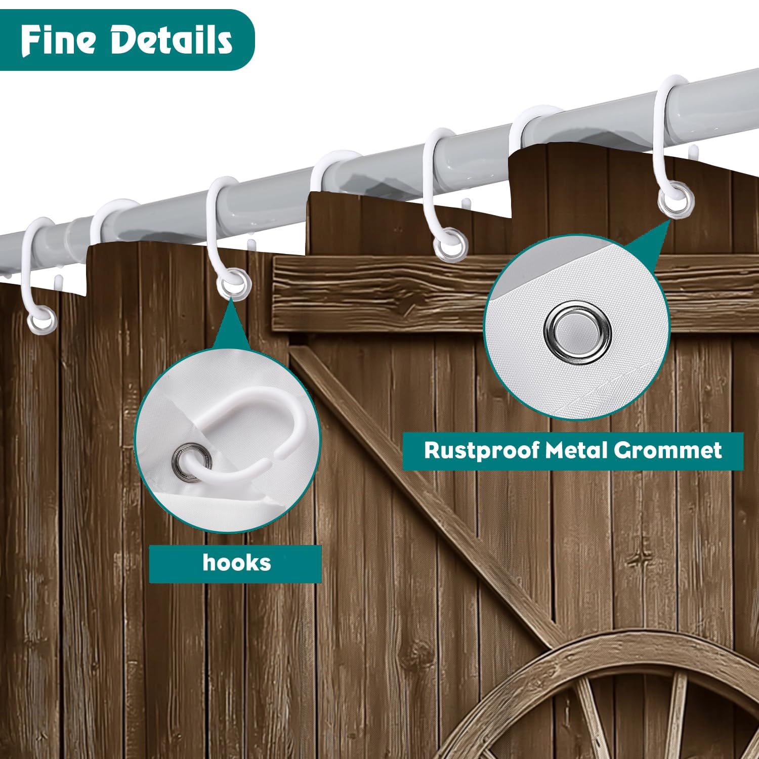 Rideau de Douche Porte En Bois À Roulettes Polyester Anti Moisissure Lavable Imperméable Tissu Rideaux de Douche Crochets en C Bâtiments Agricoles Salle de Bain Domicile Baignoire Cabine,Hôtel Tanné