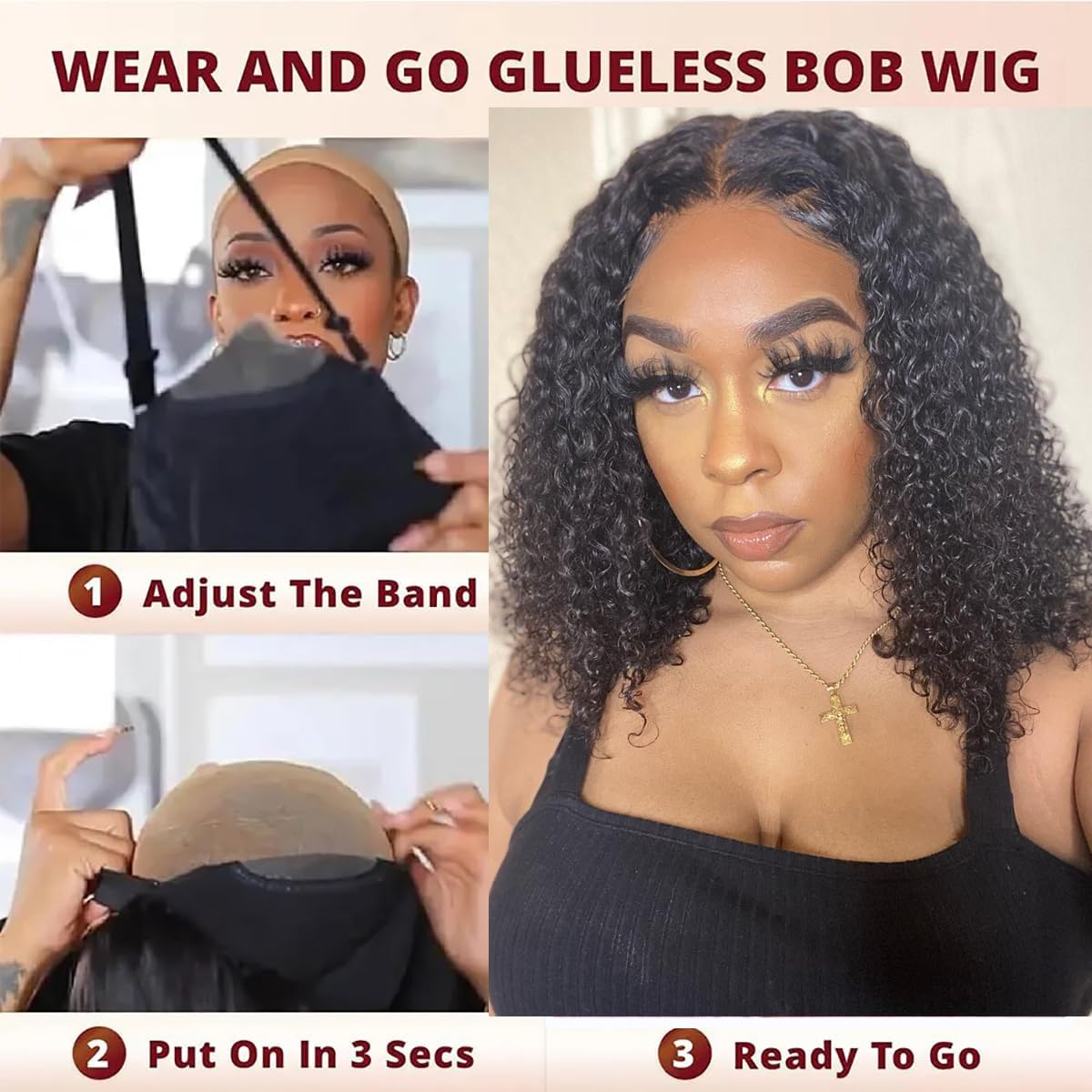 Glueless Human Hair Wig Deep Wave Bob Wear and Go Daily Use Wear and Go Glueless Wigs Human Hair Pre Plucked Deep Wave  main image 2