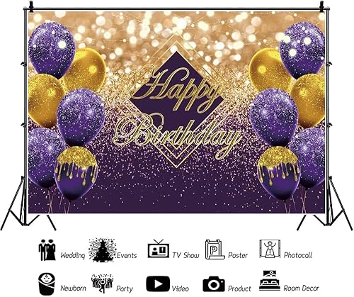 Miniatura 3 de Renaiss Telón de fondo violeta de 7 x 5 pies para sesión de fotos de niños, hombres y mujeres, retrato de globos dorados morados, fondo de