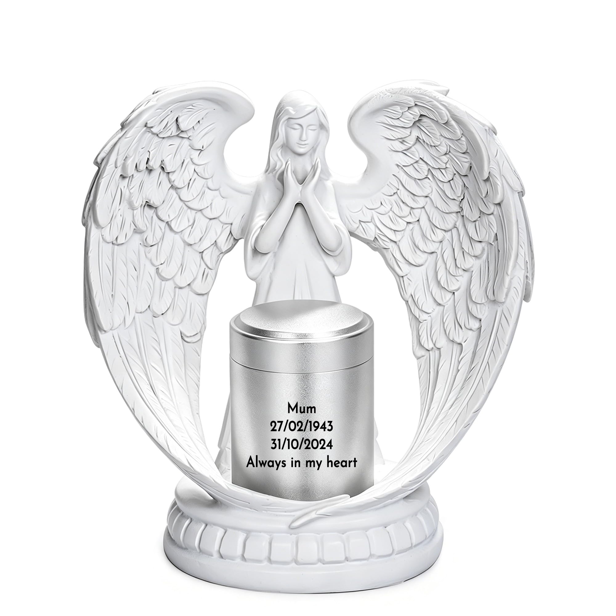 Gredstar Resin Angel Statue with Small Keepsake Urn for Ashes, Mini Cremation Urns for Women Mom, Angel Wings Memorial Sympathy Keepsake for Loss of Pet or Loved One (Personalised)