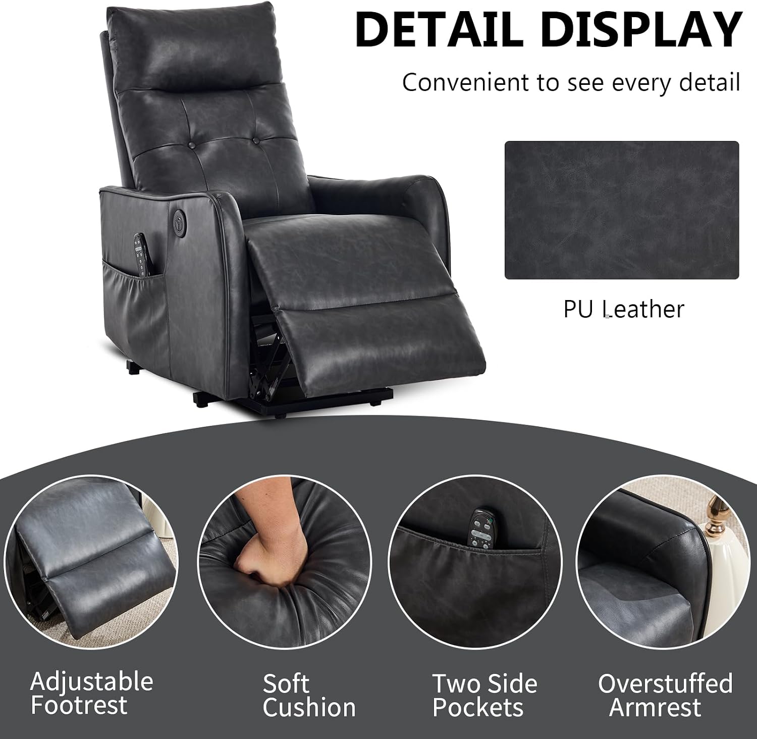Power Massage Recliner Chair Faux Leather, Recline Adjustable Modern Chair with USB Type-C Port, 155° Incline Recline PU Leather Small Recliner for Small Spaces, Carbon Ash