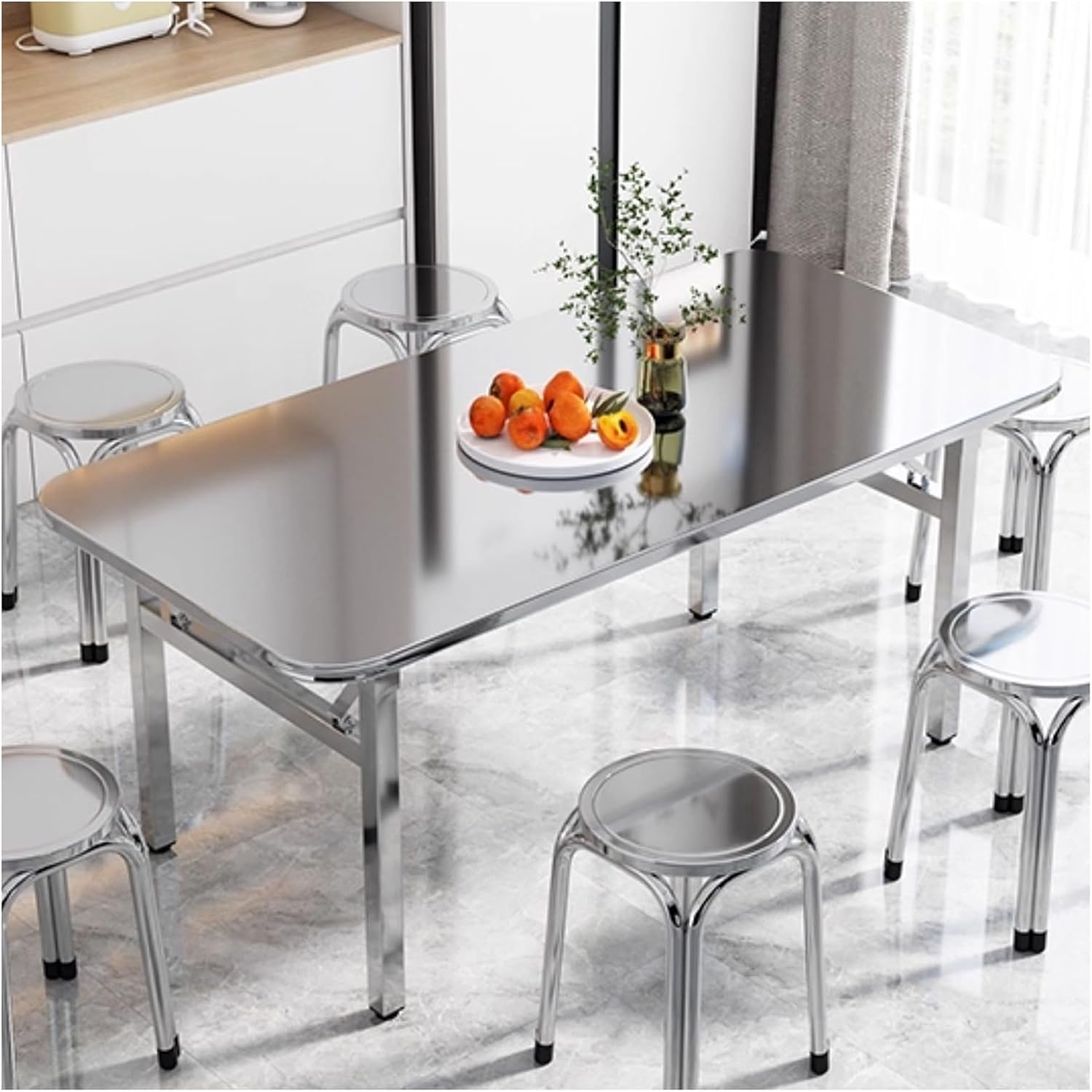 Rectangular Workbench Foldable Stainless Steel Work Table Curved Corners Dual Springs Thickened Tabletop Fully Welded Joints H72/80/90cm Silicone Feet Brushed Finish