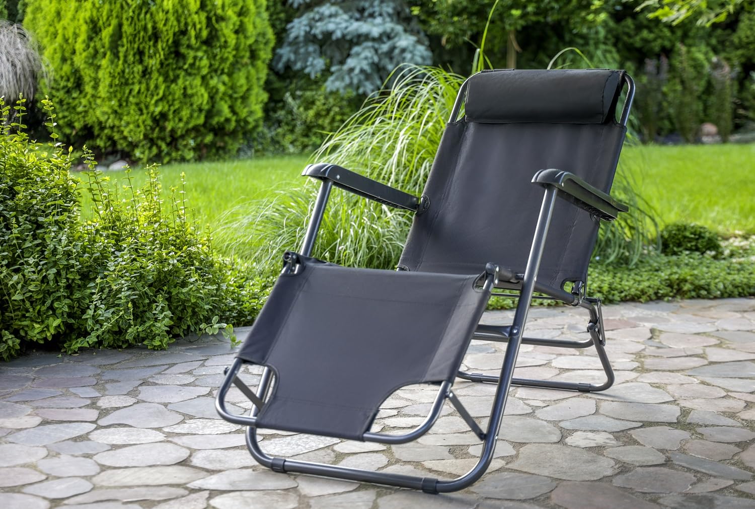 Relaxsessel Gartenstuhl Hochlehner Klappbar inkl Kopfkissen schwarz 155x61x80cm