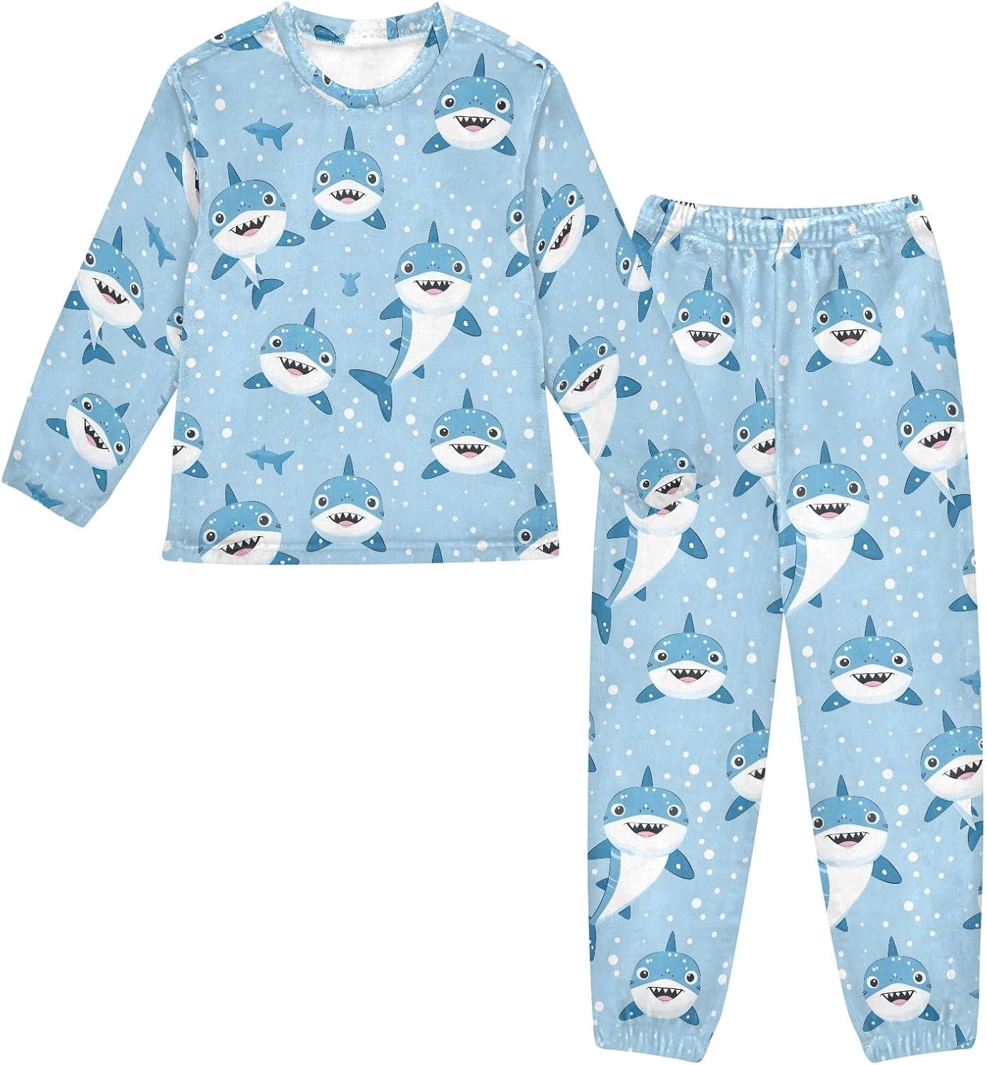 Kids Flannel Sets Cartoon Pattern with Little Shark Warm Plush Relaxed Clothing for Boys and Girls
