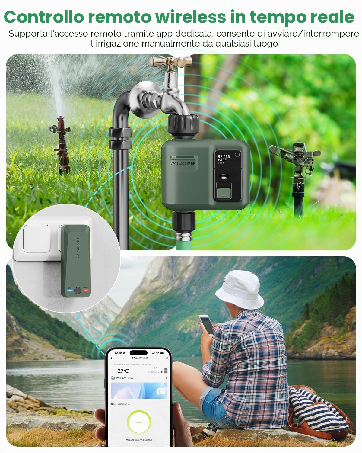 Sistema di Irrigazione Intelligente RF433 e WIFI Automatica 1 Vie Timer Irrigazione a Batteria da Esterno per Giardino Prato Orto