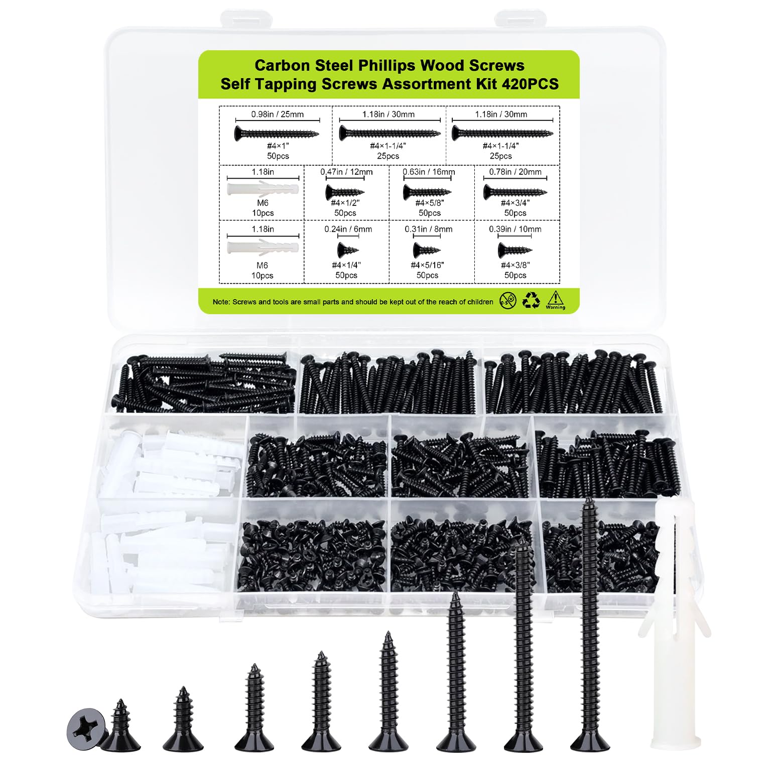 Photo 1 of #4 Flat Head Small Wood Screws Assortment kit 420Pcs, Black Short Screw Set