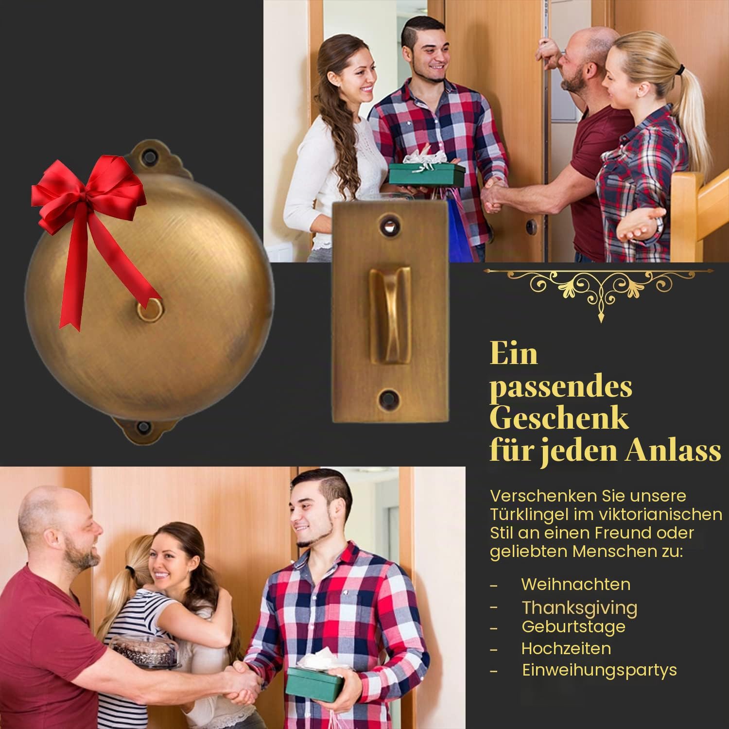 A29 Kabellose Türklingel im viktorianischen Stil, altmodische Türklingel mit manuellem Handdrehklingel, mechanischer Vintage-Ringer mit antikem Messing-Finish, traditioneller Haustüralarm, antikes