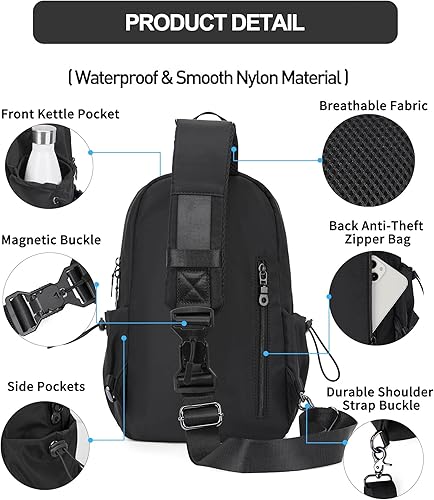 Miniatura 3 de Black Sling Crossbody Bag for Men Women, Tactical Backpack Shoulder Daypack Mini Anti-Theft Motorcycle Chest Bags, Small One Strap Backpack for