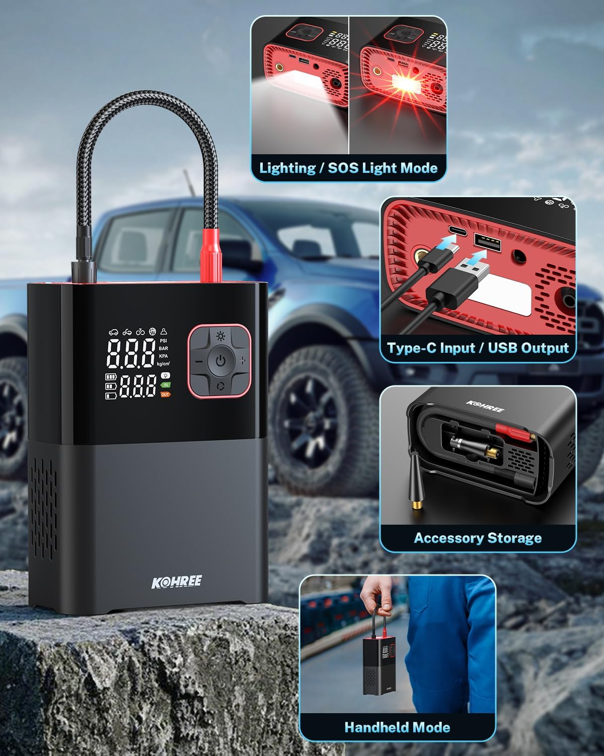 Kohree tire inflator showing Type-C input, USB output, accessory storage, and lighting modes