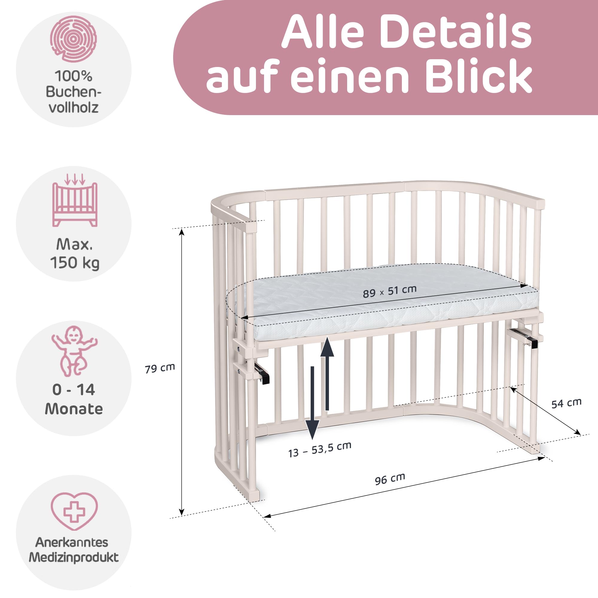 babybay Maxi bardzo duże łóżko dostawiane z litego drewna bukowego/łóżko dziecięce, wysokość regulowana bezstopniowo i przyjazna dla środowiska, z materacem Classic Soft (beżowe lakierowane)