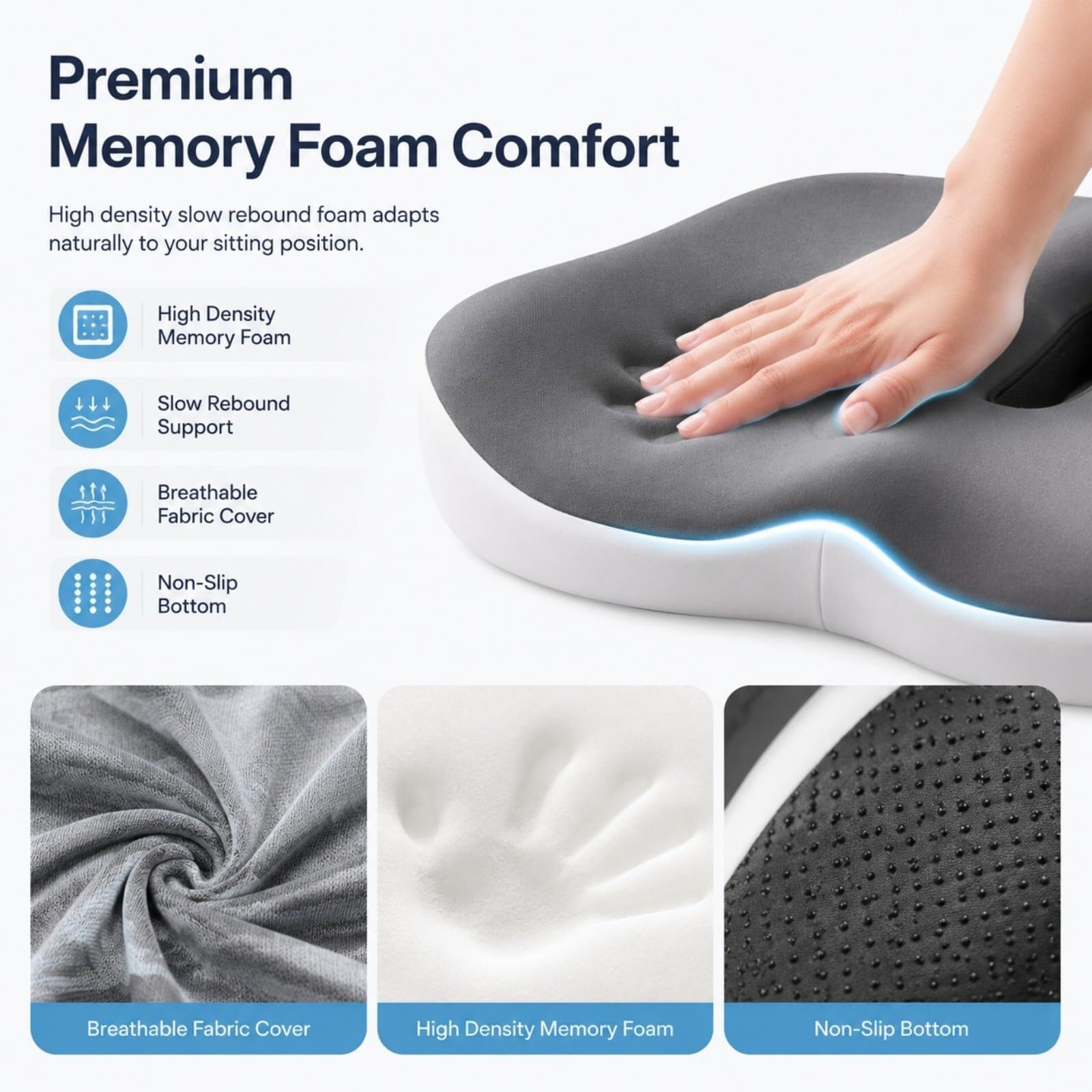 Cojín ergonómico de espuma viscoelástica para silla de oficina, cojín de apoyo para el coxis con base antideslizante (beige)