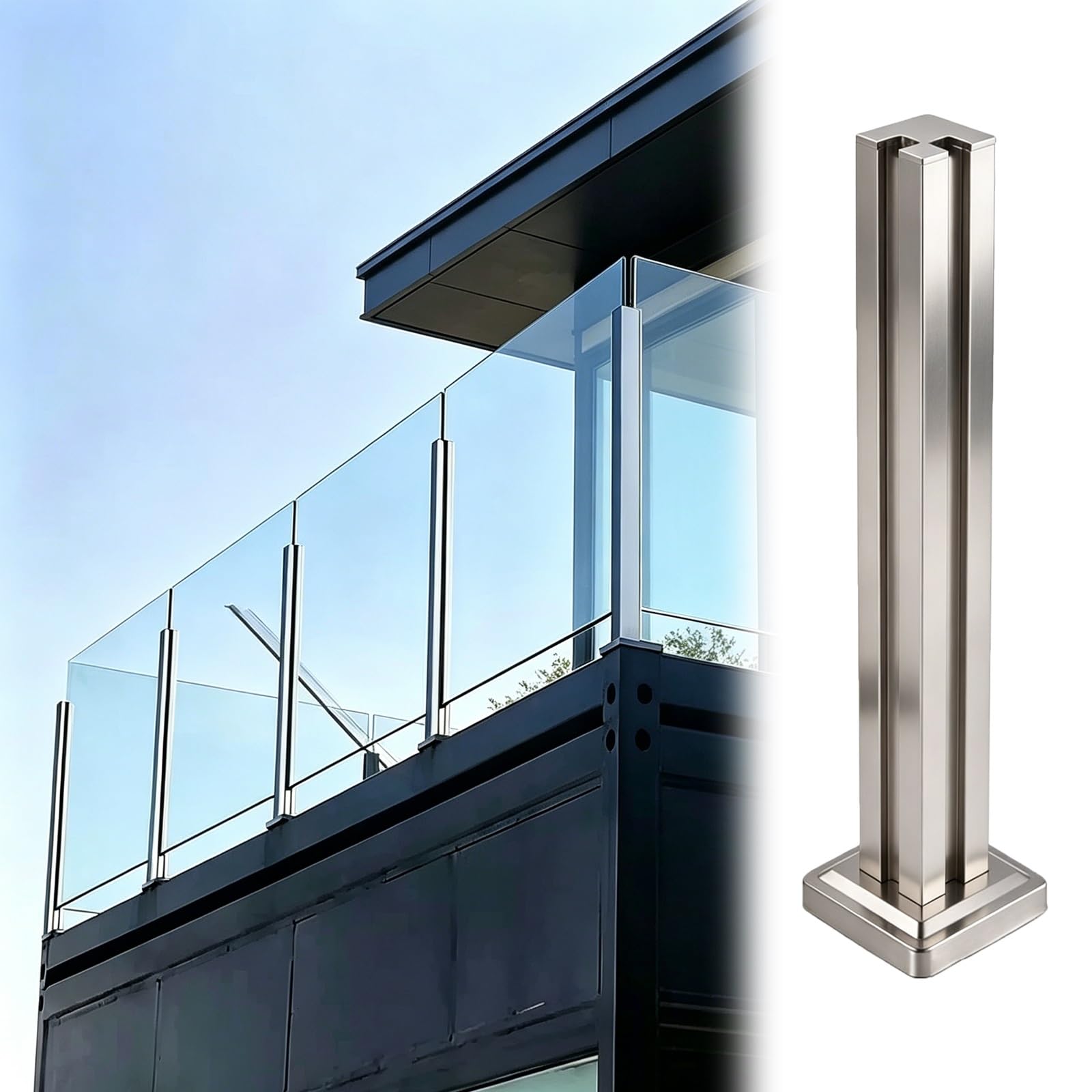 ZJKXJH Terrace Glass Panel Support Post for 10-12mm Thickness, Frameless Glass Baluster Post for Indoor And Outdoor Use, Stainless Steel(Corner Post-Silver,H-37.4in/95cm)