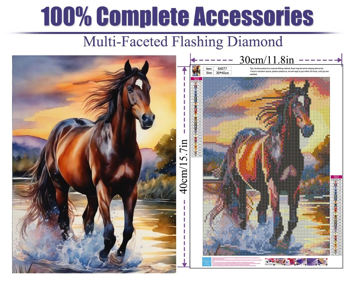5D Diamond Painting Kits for Adults, DIY Horse Diamond Art Kits for Beginners, Round Full Drill Diamond Painting for Home Wall Decoration Present 12×16inch, Animal