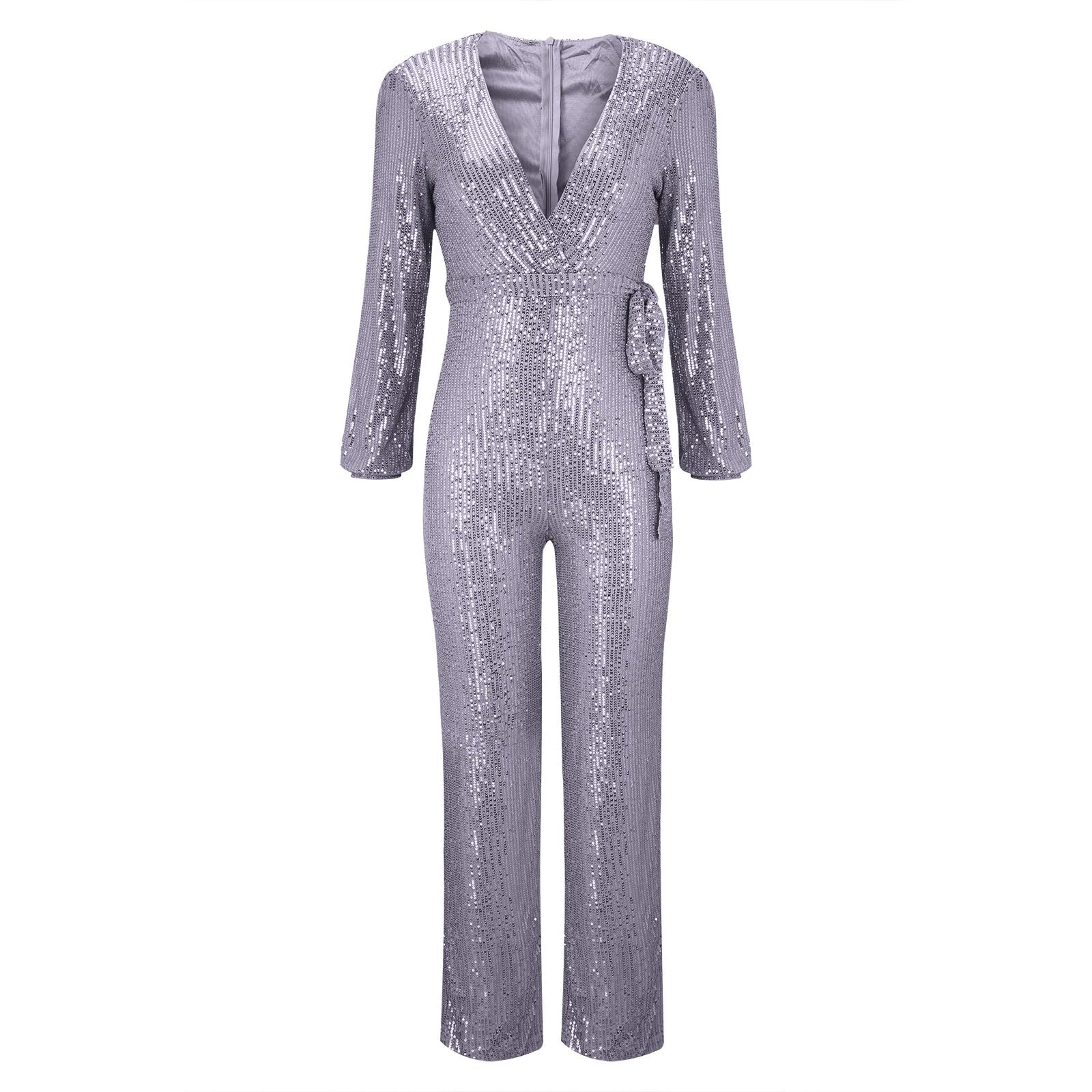 Tuta da donna lucida estiva lunga con paillette, salopette con scollo a V, per cocktail, per matrimonio, a vita alta, per matrimonio, per matrimonio
