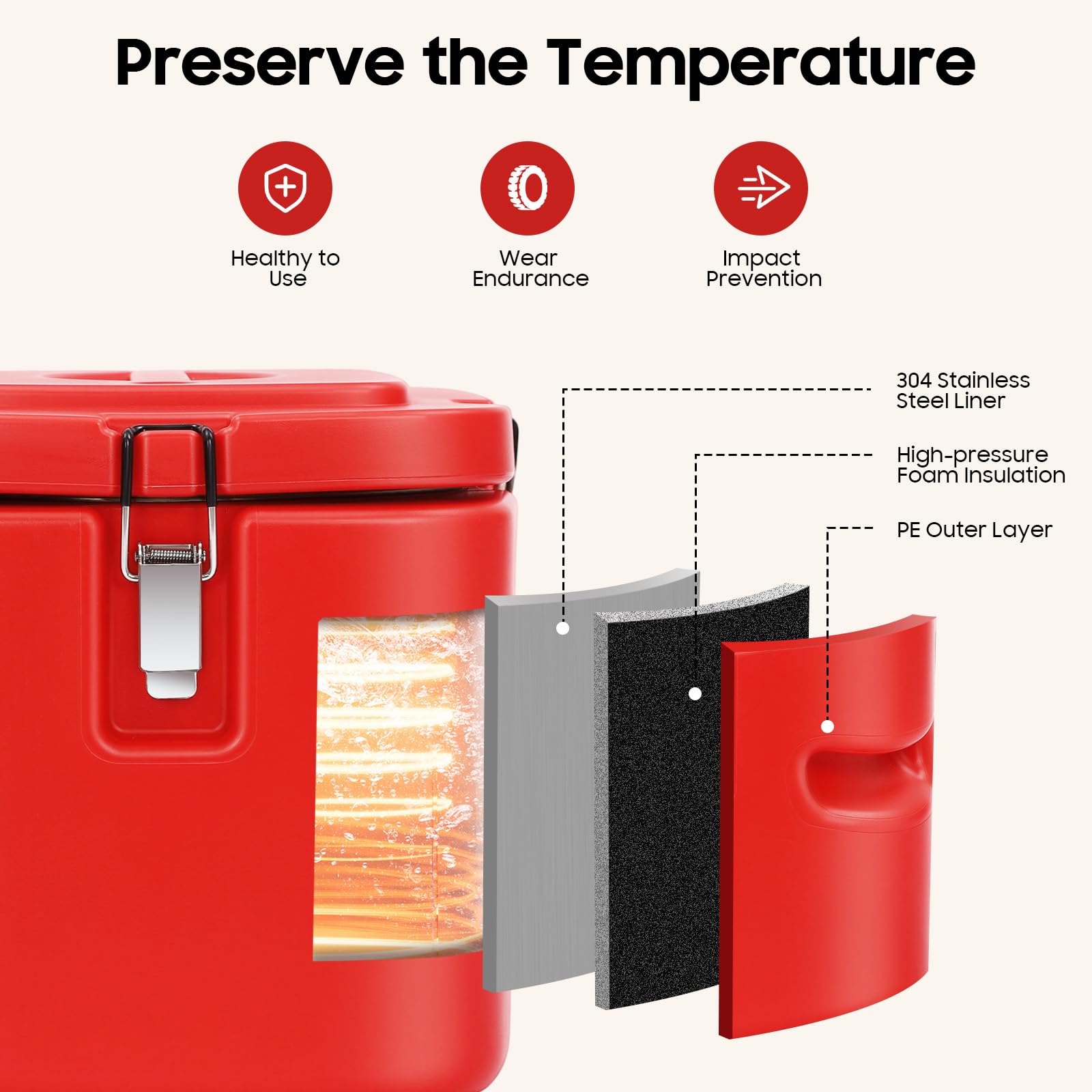 Treeisland Isolierter Suppenbehälter, 9,5 l Speisentransportbehälter mit Deckel, Transport Thermobehälter für Speisen und Getränke, Rot