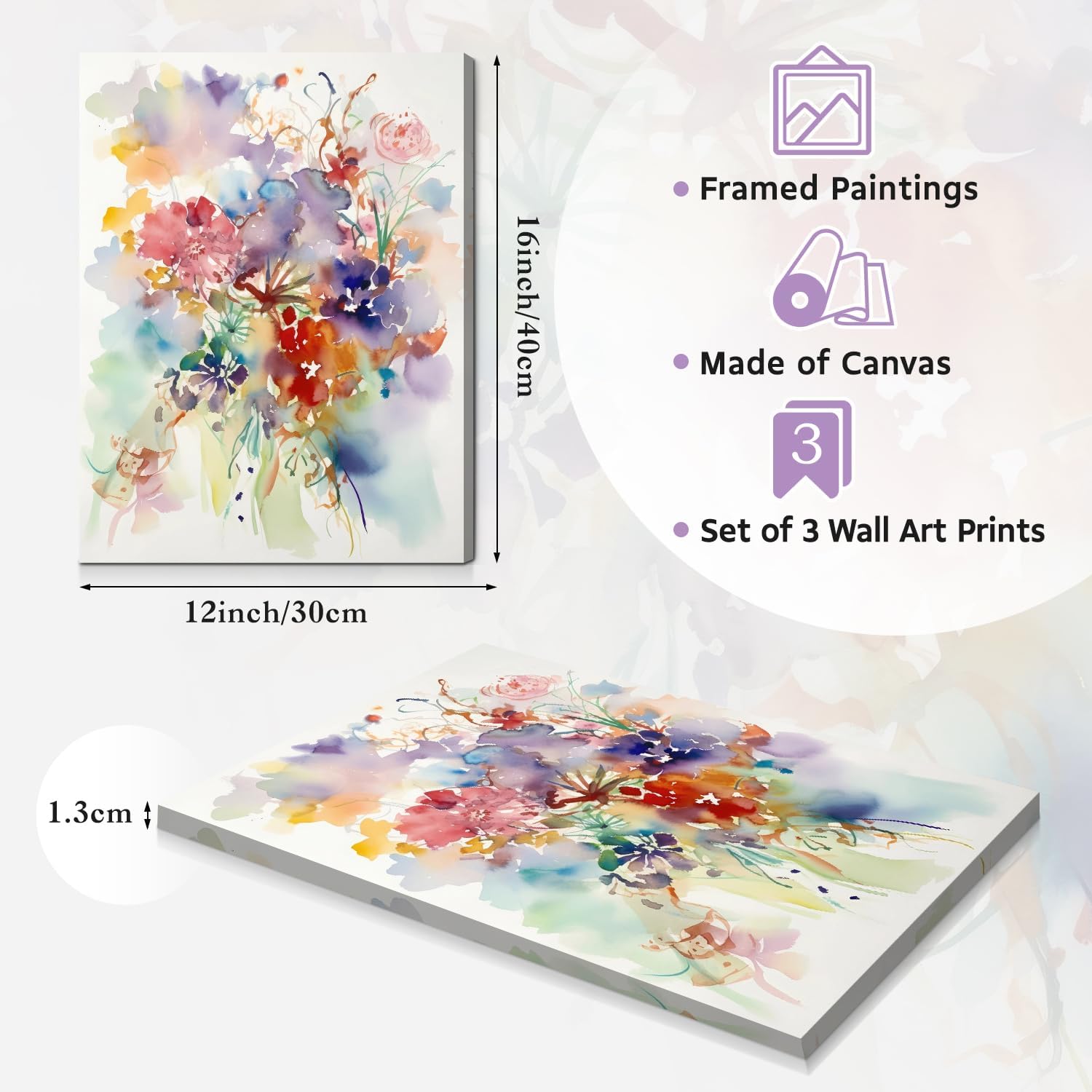 Dazzlewall 3Pcs Framed Watercolor Flower Wall Art Decor Modern Wildflower Prints, Colorful Botanical Wall Pictures for Bedroom Bathroom Living Room Decor 12x16 in