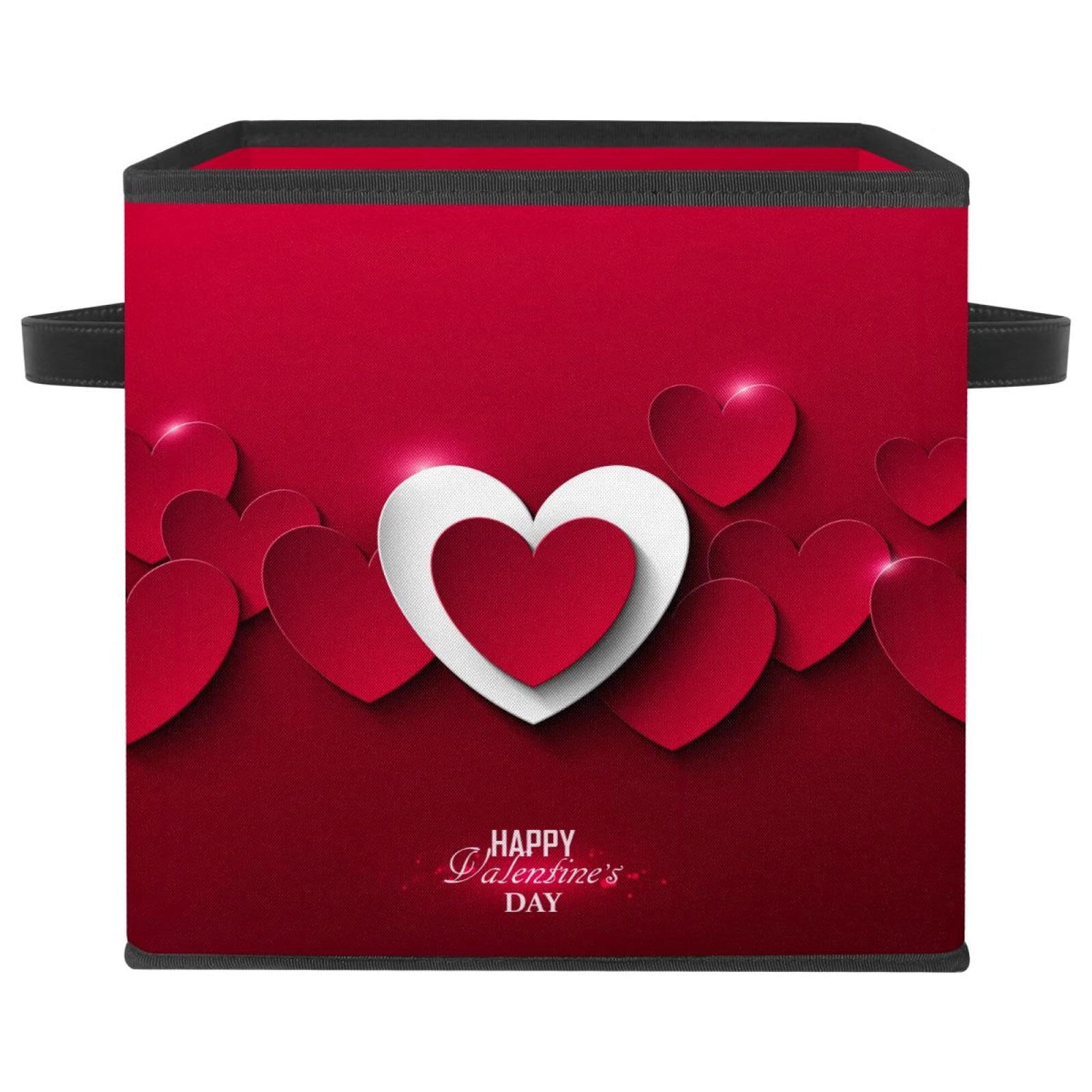 Boîte de rangement pliable rouge et rose Love en tissu avec poignées pour vêtements
