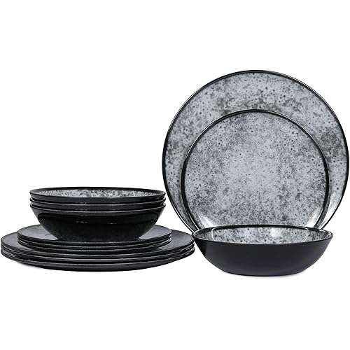Melamine Dinnerware Set of 4，12pcs Melamine Dinner Plates, Salad Plates and Bowls, for Everyday Use Glazed Grey