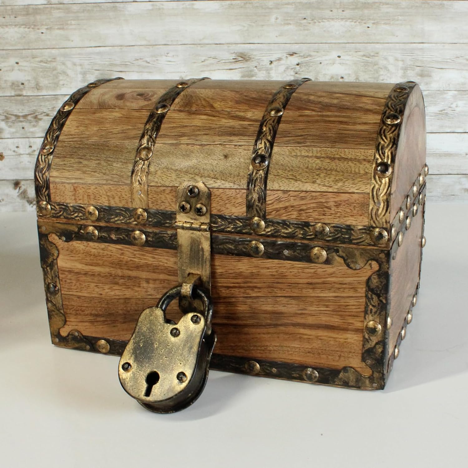 Nautical Cove Antique Finish Wood Treasure Chest with Decorative Rivets and Reinforcing Iron Strips with Lock and Skeleton Keys (Light Antique, Small 8x6x6) - Wooden Keepsake Box, Storage Chest