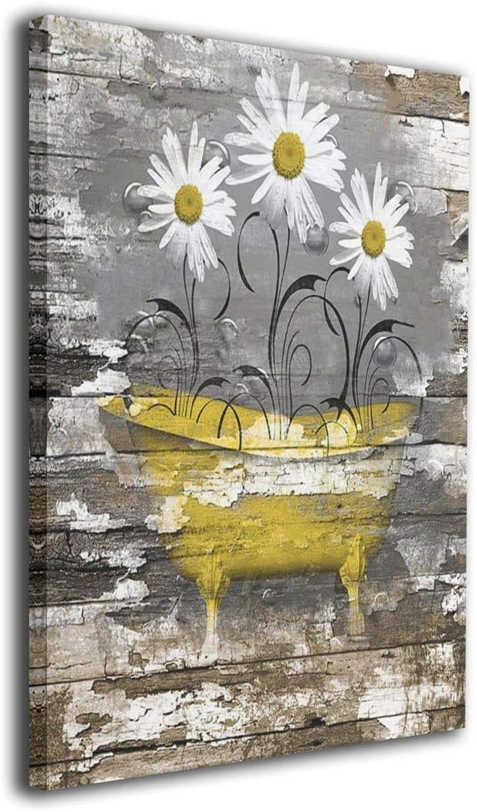 IXMAH – Lienzo decorativo de margaritas rústicas retro en la bañera amarilla, arte abstracto moderno para decoración de pared, pintura al óleo para