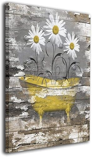 IXMAH - Lienzo decorativo de margaritas rústicas retro en la bañera amarilla, arte abstracto moderno para decoración de pared, pintura al óleo para