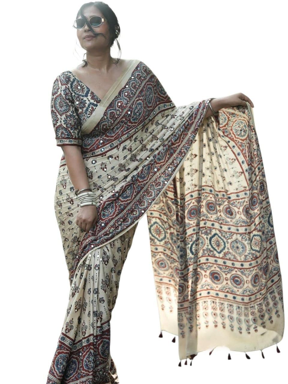 Women's Ajrakh Printed Modal Silk Natural Gajji Silk Soft Mirror Work Saree Collection & Blouse (Unstitched)-image-44