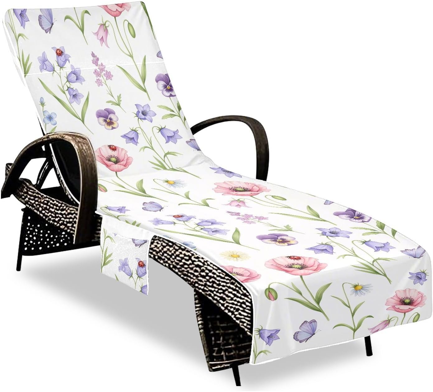 Spring Flowers Lounge Chair Towel Cover with Side Pockets – 85x30in Foldable Chaise Cover for Beach, Pool, Patio, Spa