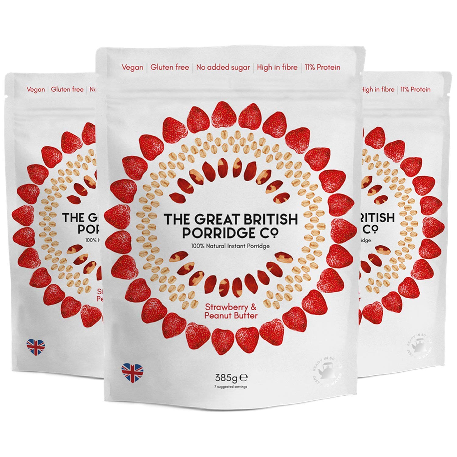 The Great British Porridge CoGluten Free & Vegan Friendly Nutritious Instant Porridge (Strawberry & Peanut Butter, 3-Pack)