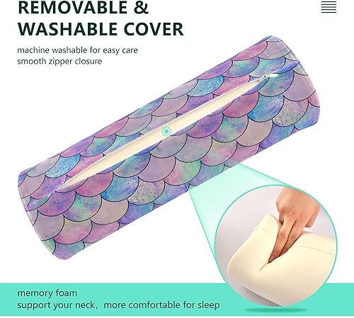 Miniatura 3 de JUNZAN Almohada larga con escamas rosas y azules brillantes, almohada para el cuello, almohada redonda de 17 pulgadas para apoyo de espalda baja,