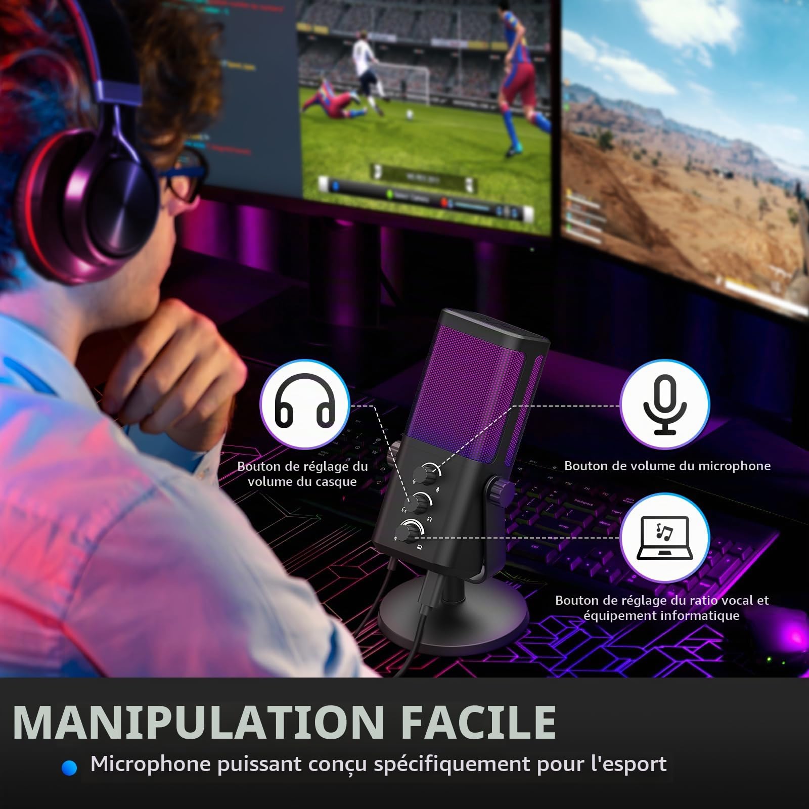 XTUGA M7 Microphone Dynamique pour Streaming Gaming avec éclairage RGB, Microphone à condensateur pour Ordinateur avec réduction du Bruit et Surveillance en Temps réel pour Podcast