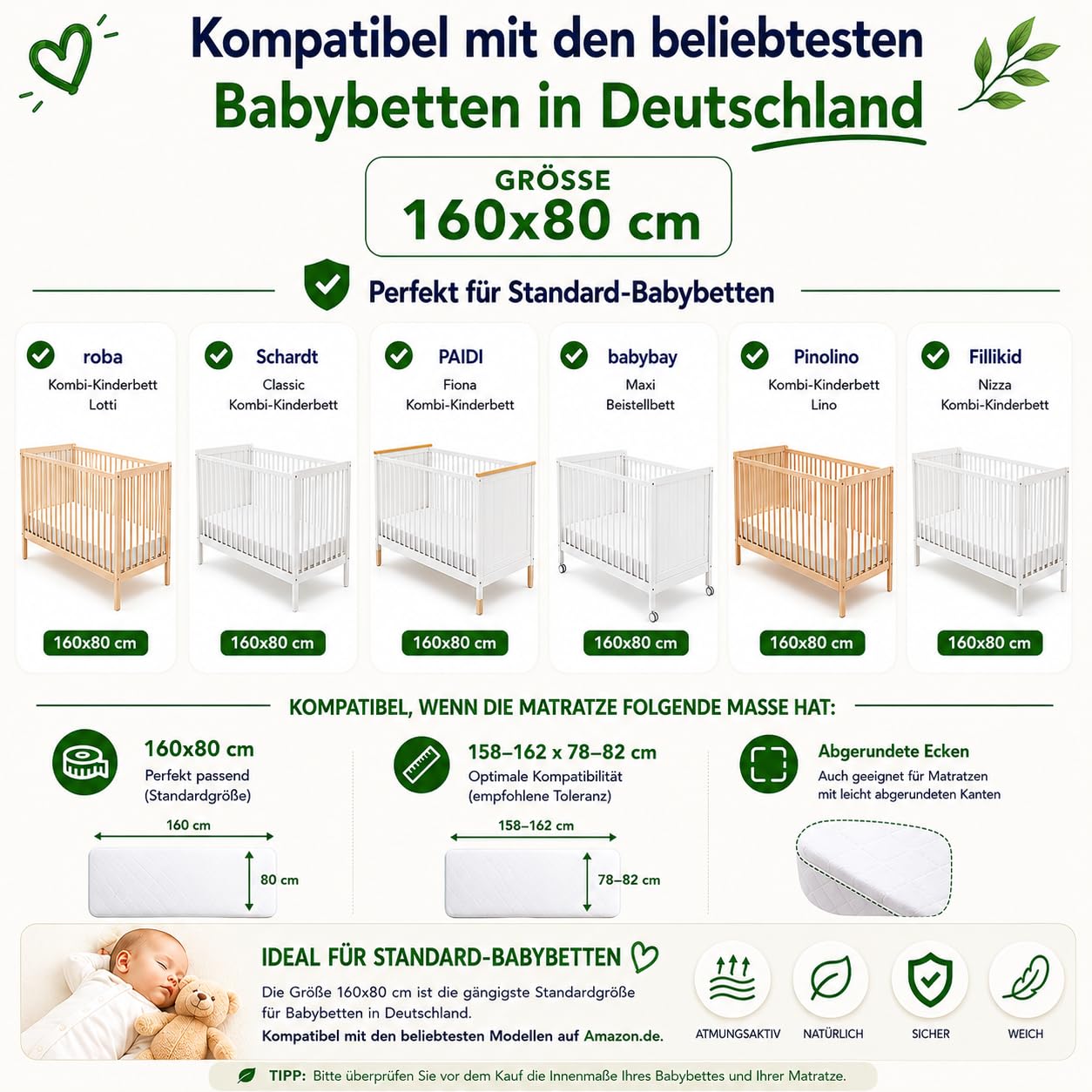 Flyideas Wasserdichter Matratzenschoner Babybett 80x160 cm, 2 STK. Zertif. Bambus - Matratzenschutz Betteinlage Babybettchen