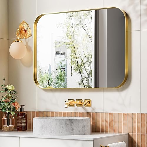 Espejo de baño dorado de 22 x 30 pulgadas, espejo de pared dorado con marco de metal cepillado, espejo rectangular grande y redondeado para baño,