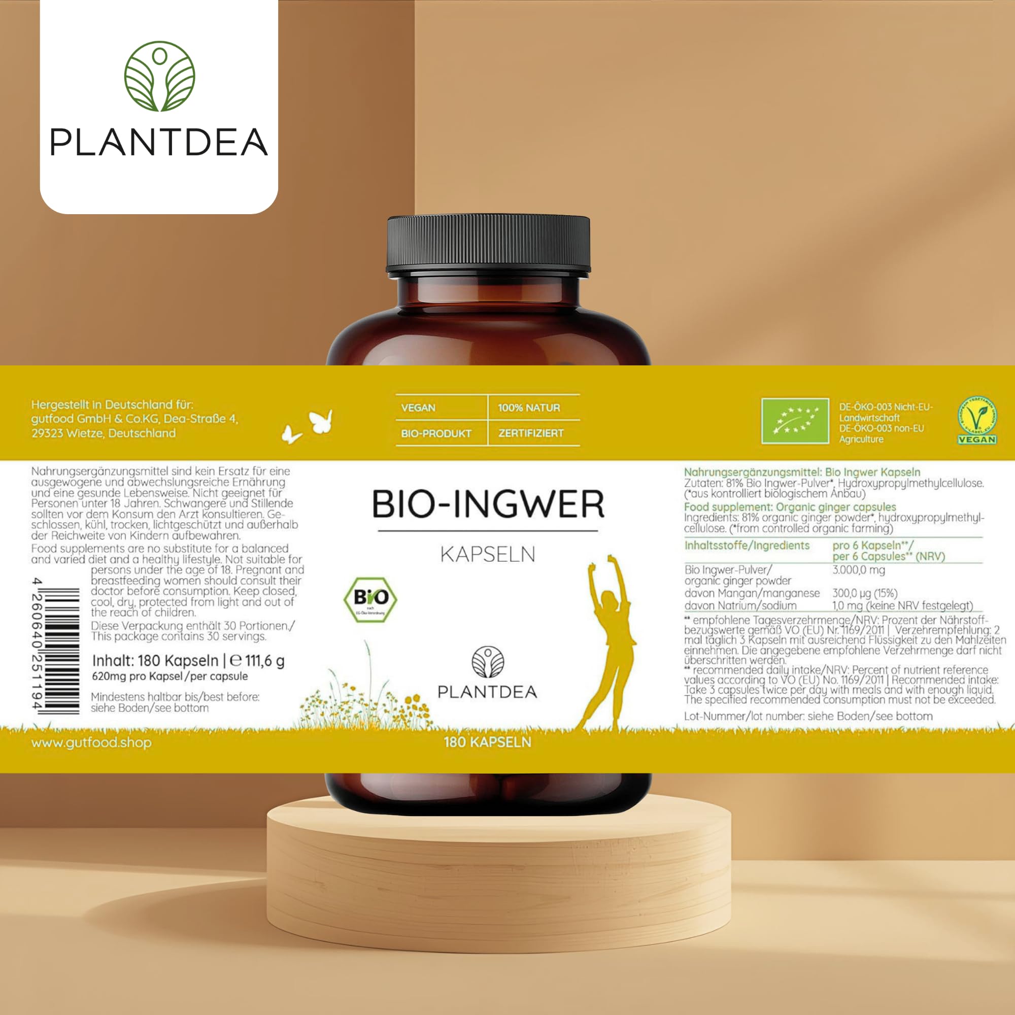 Bio Ingwer Kapseln I 3000mg Tagesdosis I 180 Ingwer-Kapseln hochdosiert I laborgeprüft I Bio Ingwer Pulver I veganes Ingwer-Präparat I Ohne Zusätze I PlantDEA
