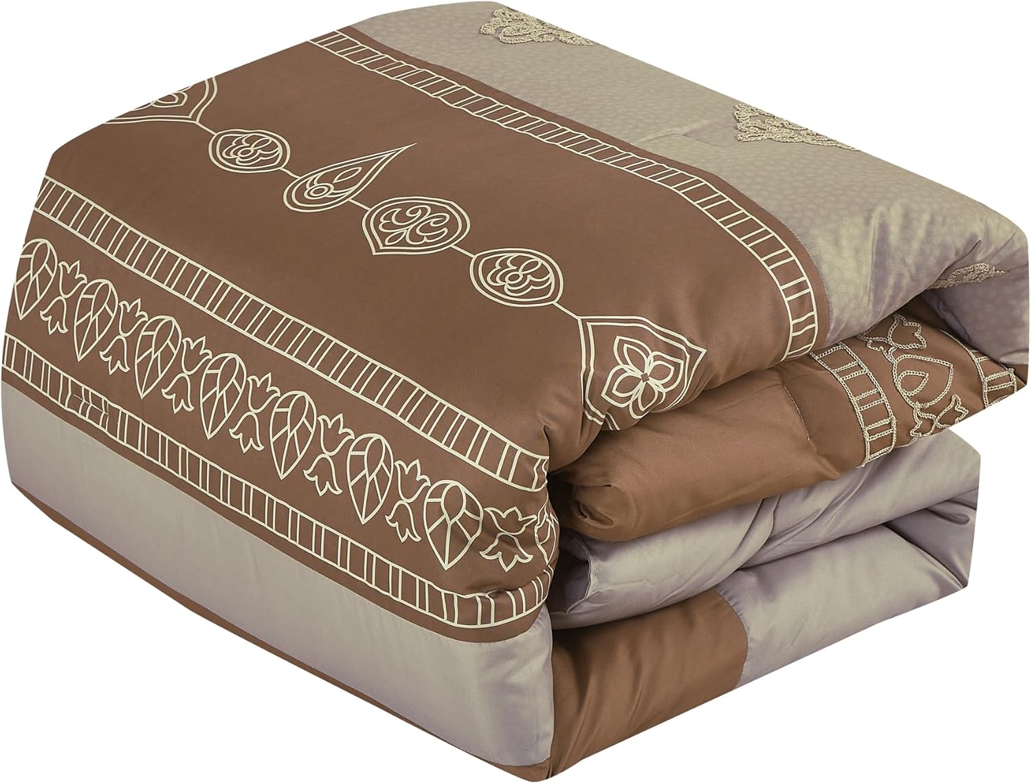 ESCA Brown and Beige Comforter Set King 7 Piece - Boho Medallion Embroidery Bedding Set with Decorative Pillows,
