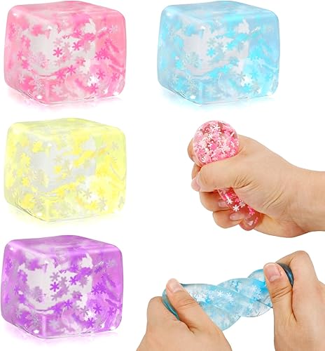 Paquete de 4 juguetes sensoriales para aliviar el estrés, cubo esponjoso de levantamiento lento relleno de sustancia gruesa y copos de nieve,