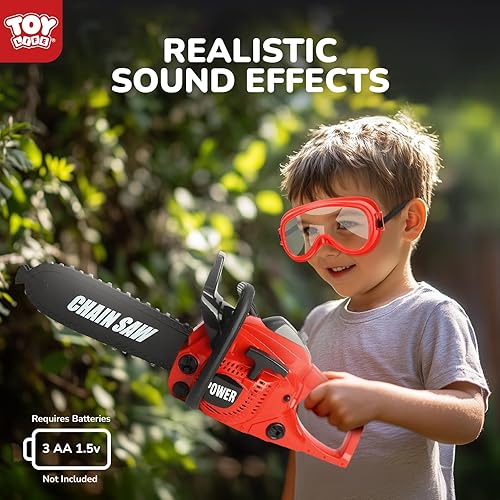Miniatura 6 de TOY Life Motosierra de juguete para niños, juego de herramientas con guantes para niños pequeños, herramienta de trabajo de construcción, motosierra