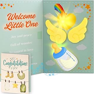 Soft Touch Baby Shower Card with Light & Sound, Cute New Baby Congratulations Card for Baby Boy or Girl, Sensory Angel Wings Design for New Parents, Includes Envelope & Note Card