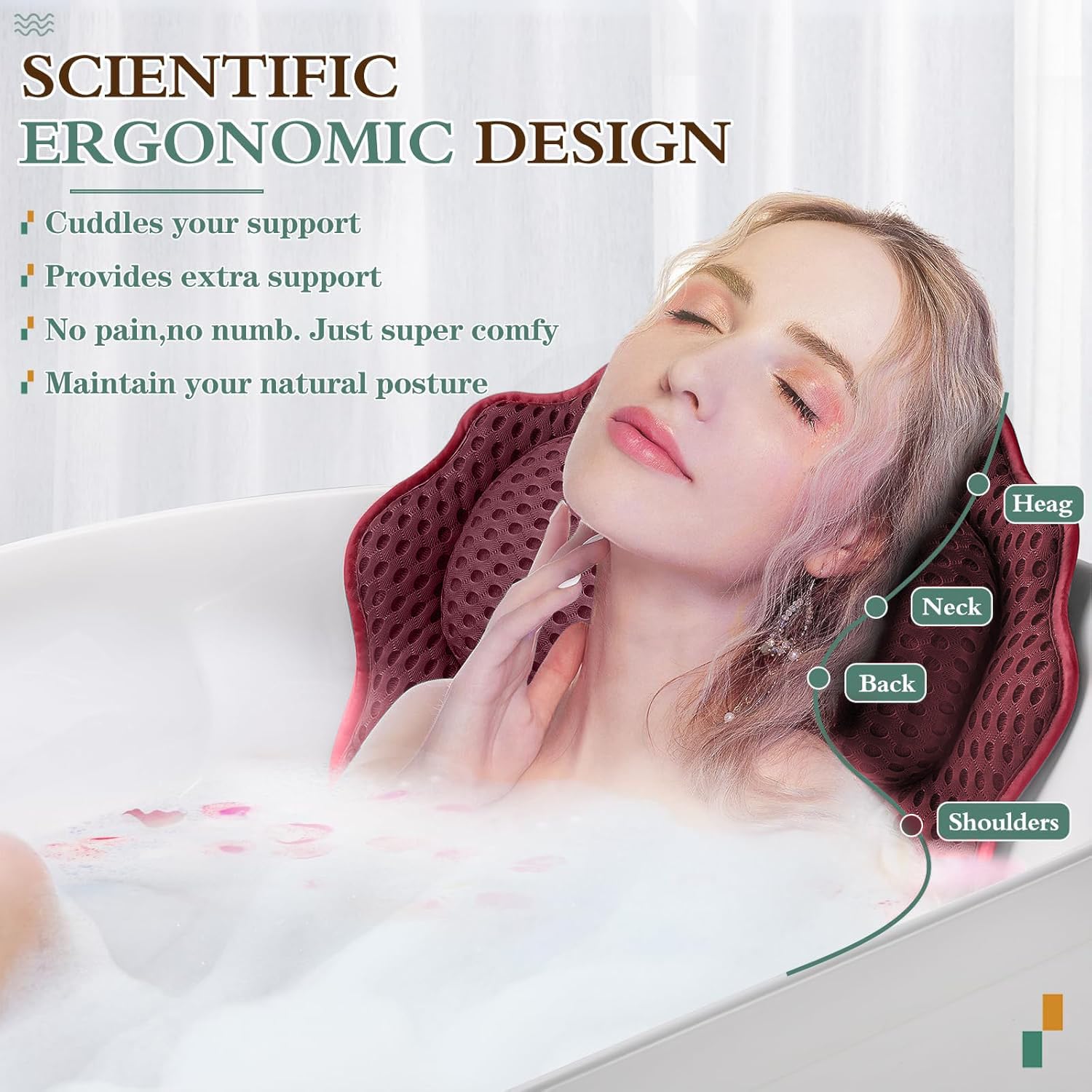 Bath Pillow RUVINCE Ergonomic Luxury bathtub pillow with head,Neck, Shoulder and back support - Image 2