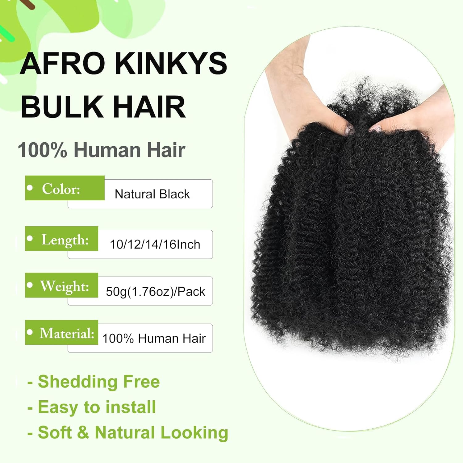 poetically 16 Inch Afro Kinky Curly Human Hair Afro Kinkys Bulk Human Hair 2 Bundles 100/Packs Kinky Twist Hair Curly Hair Extensions for Dreadlocks, Loc Repair,Twists