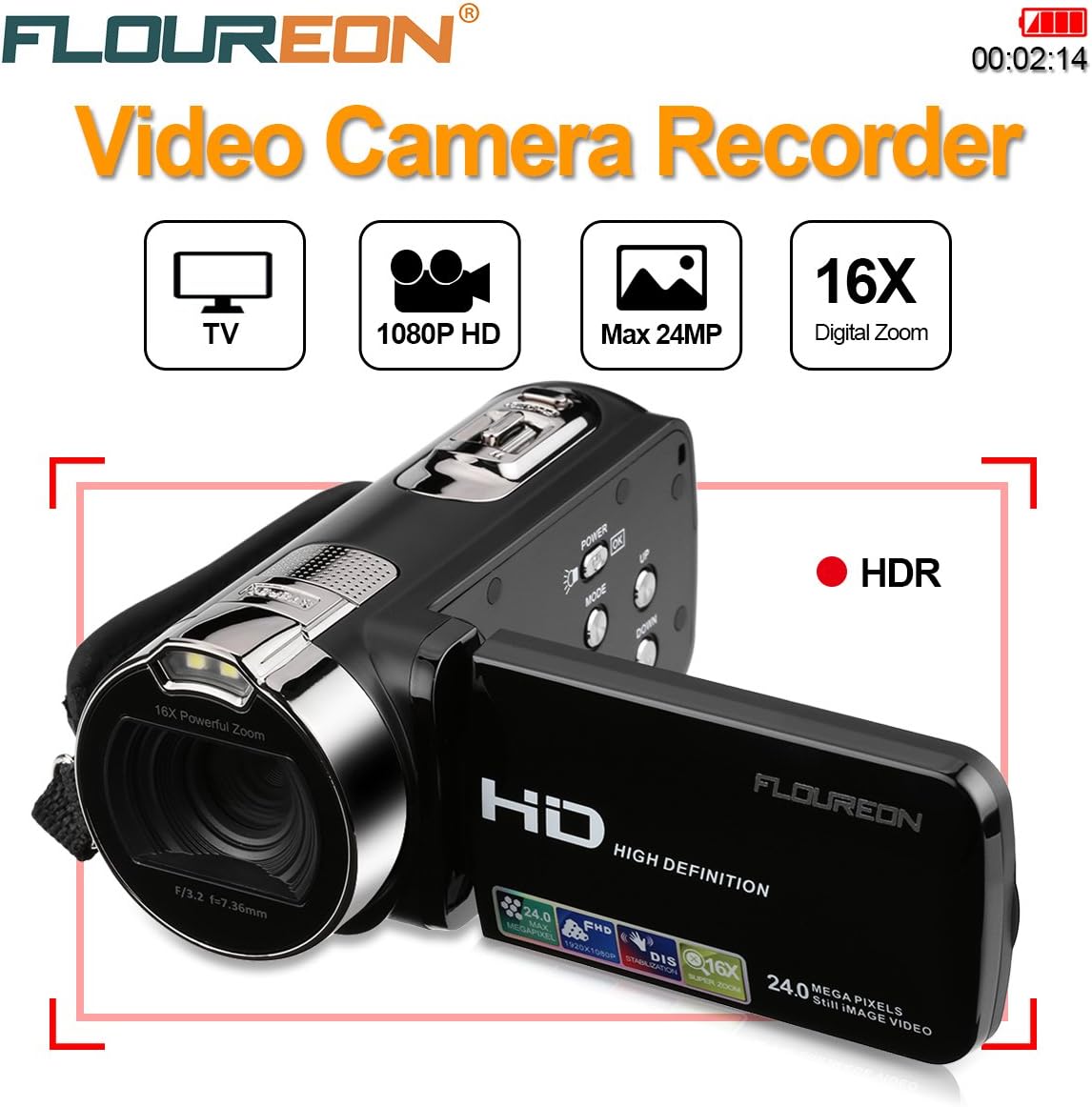 FLOUREON HD 1080P Camcorder Digital Video Camera DV 2.7 TFT LCD Screen 16x Zoom 270 Degrees Rotation for Sport /Youtube/Short Films Video Recording Black